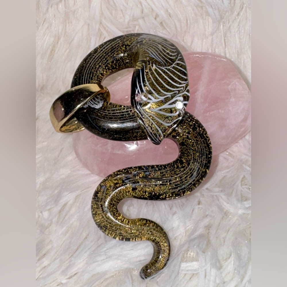 Pendant Gothic Glass Gold and Black Snake with White Stripes